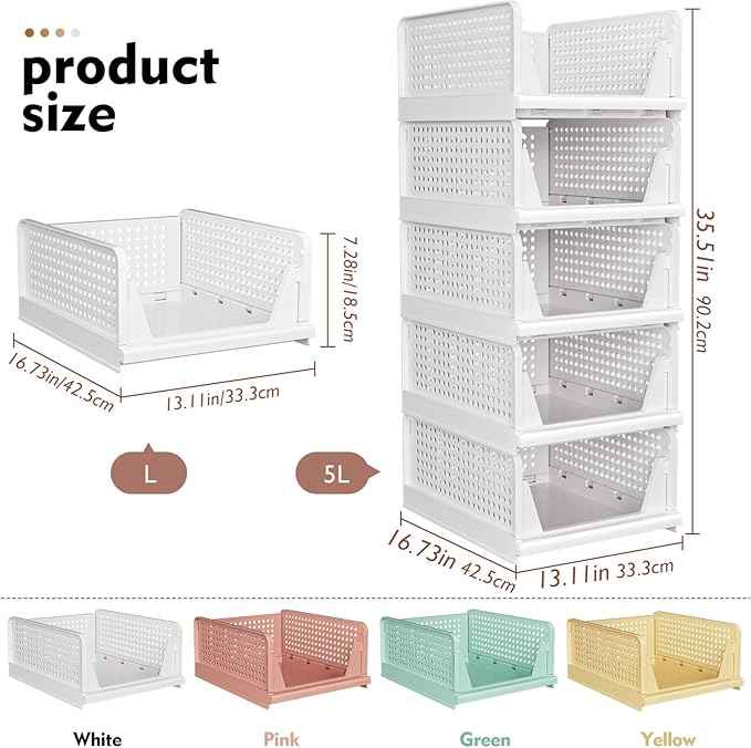 SNSLXH 8 Pack Stackable Closet Storage Bins, Multifunctional & Foldable Closet Organizers and Storage for Bathroom Kitchen Laundry Room Drawer Shelf Storage, Space-Saving Wardrobe Organizer, White