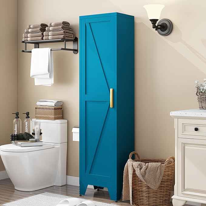 COFaR Tall Bathroom Cabinet, Metal Farmhouse Narrow Slim Storage Cabinet with Adjustable Shelves Barn Door for Bathrooms, Kitchens, Entrances Living Room (Blue)