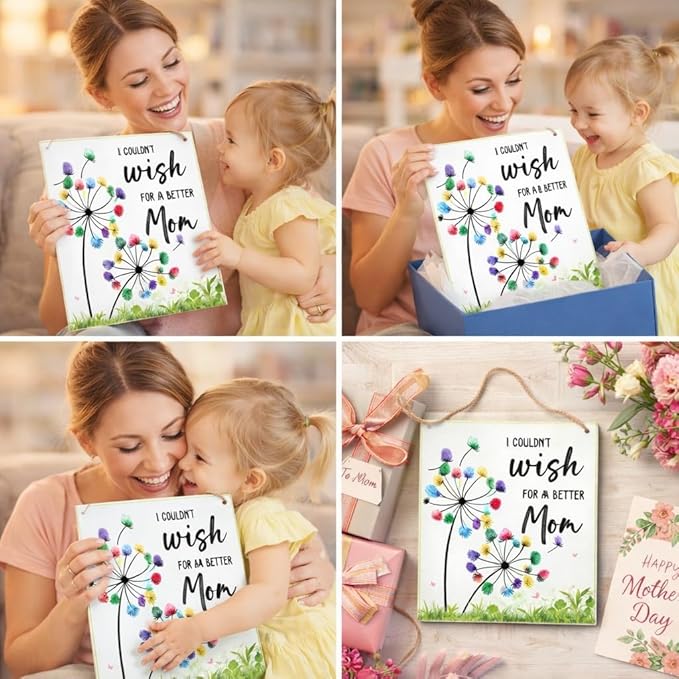 Dandelion DIY Fingerprint Art Hanging Sign, Mothers Day Fingerprints Craft, Baby's First Finger Print Mother's Day Mom Gifts, Project Memory Keepsake Kids Activity PreK Preschool (Wish Mom) -26