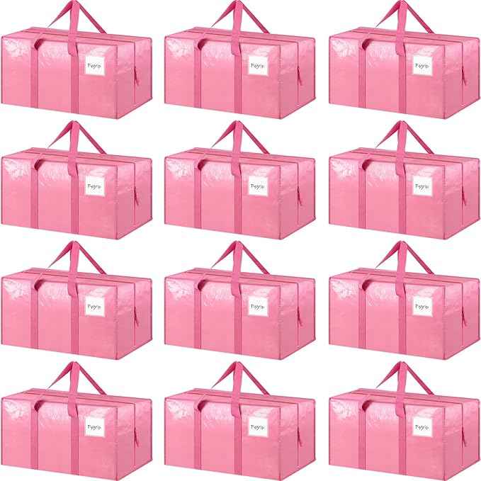 12 Pack Extra Heavy Duty Large Moving Bags with Strong Zipper & Comfortable Handles, Sturdy & Durable Clothes Storage Bags Totes Bins, Packing Moving Boxes for College Supplies, Pink