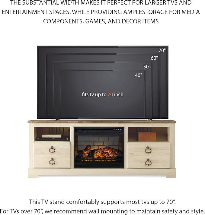 Signature Design by Ashley Entertainment Accessories Vintage 64" TV Stand with Electric Fireplace and LED Lights for TVs up to 72", Whitewash
