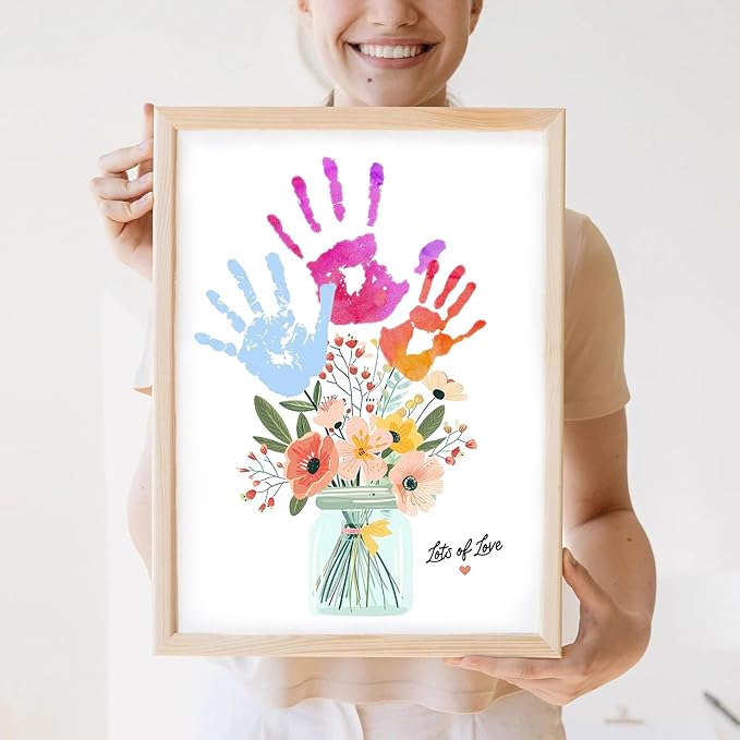Physkoa Handprint Birthday Art Kit for Mom & Grandma – DIY Floral Keepsake Craft with Frame – Happy Birthday Gift from Kids, Daughter, Son – Handprint Painting Activity (Art Deco-B)