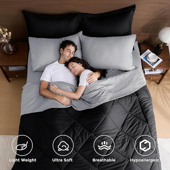 HEVUMYI Cali-King Comforter Set - 7-Piece All Season Bed in a Bag Cali-King, Ultra Soft Bedding Set with Comforter, Flat Sheet, Fitted Sheet, Pillowcases, Pillow Shams, Black & Light Grey