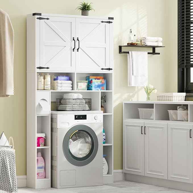 Vabches Over The Toilet Storage Cabinet, Farmhouse Storage Cabinet Over Toilet with 2 Barn Doors ，Toilet Paper Holder Stand，Home Space-Saving Toilet Rack, for Laundry, Restroom, Bathroom.White.