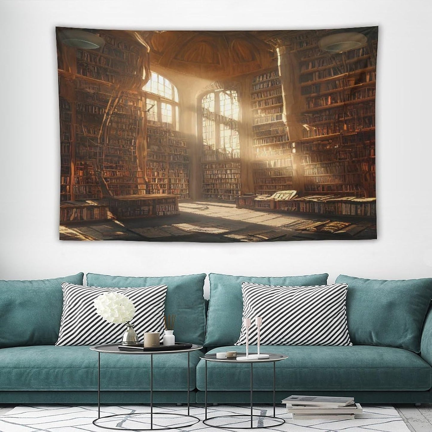 Kurtect Retro Bookshelf Tapestry,Medieval Mid Century Library Building Pattern Print Tapestries for Party Beach Picnic Blankets Tablecloths Living Room Wall Deocr, 40x60 in