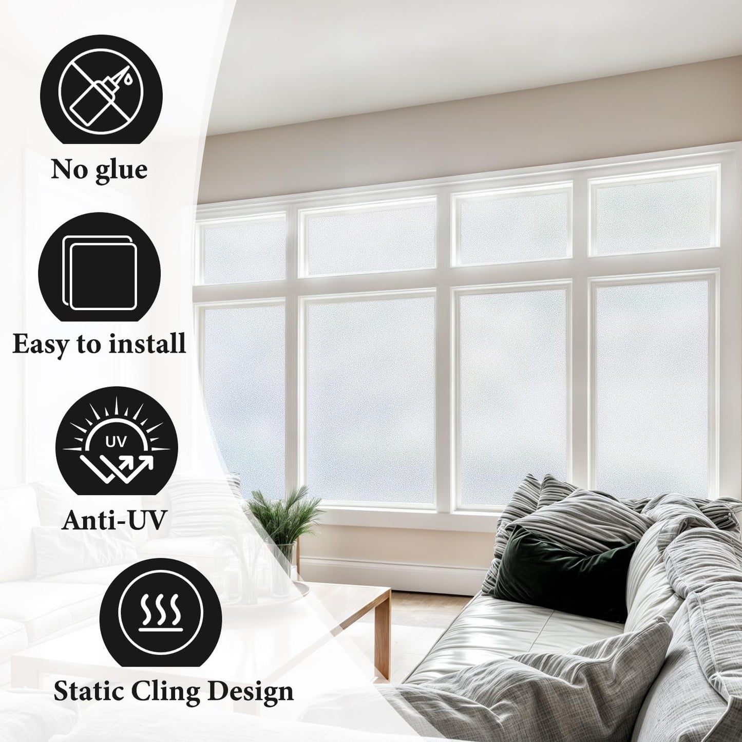 DUOFIRE Privacy Window Film Natural Frosted Glass Film Static Cling Glass Film No Glue Anti-UV Window Sticker Non Adhesive for Privacy Office Meeting Room Bathroom Living Room 45.2in. x 118in. S001