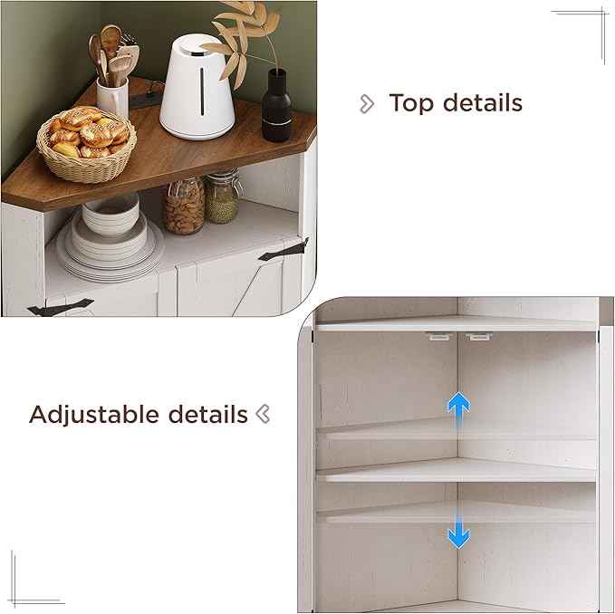 Vabches Farmhouse Corner Cabinet with Charging Station,Small Corner Storage Cabinet with Barn Doors and Adjustable Shelves for Living Room,Bathroom,and Kitchen