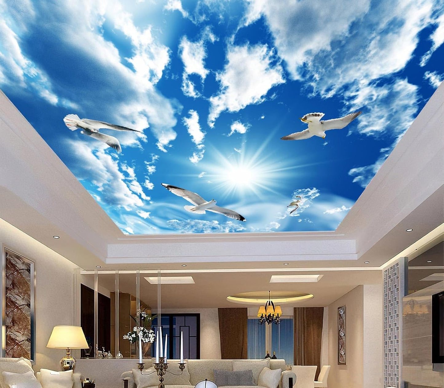 Blue Sky, White Clouds, Sunshine Seagull Ceiling Wall Mural Wallpaper 178" x 117"