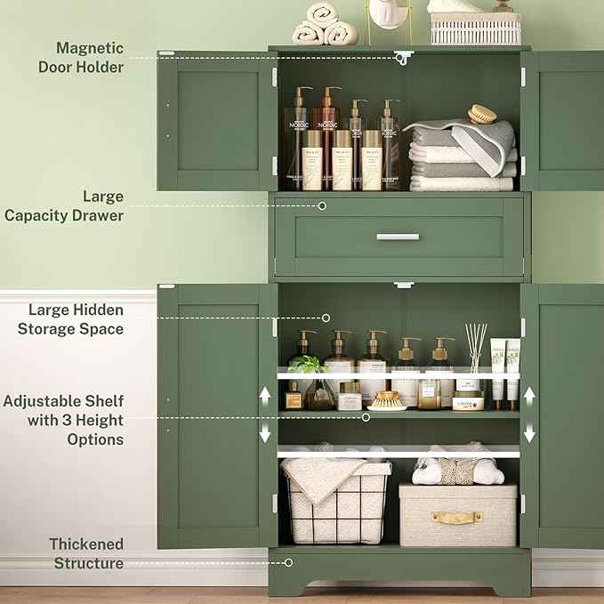 TEENFON Bathroom Floor Storage Cabinet with Adjustable Shelf, Freestanding Storage Cabinet with 4 Doors, Cupboard for Living Room, Home Office, Entryway, Forest Green