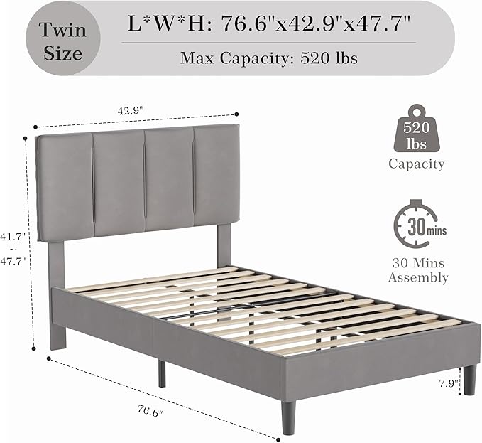 VECELO Twin Size Bed Frame with Upholstered Headboard, Heavy-Duty Bedframe with Wooden Slats & Steel Framework, Easy Assembly, Dark Grey