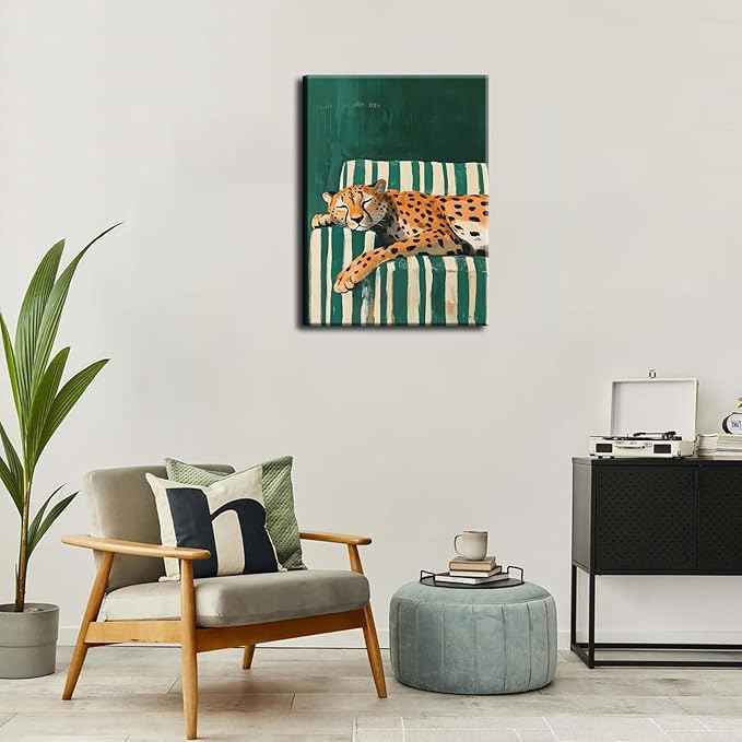Sleepy Leopard Canvas Wall Art Maximalist Emerald Green Cheetah Wall Decor Pictures Trendy Eclectic Leopard Animal Poster Prints Aesthetic Apartment Dorm Bedroom Home Decoration 16x24in
