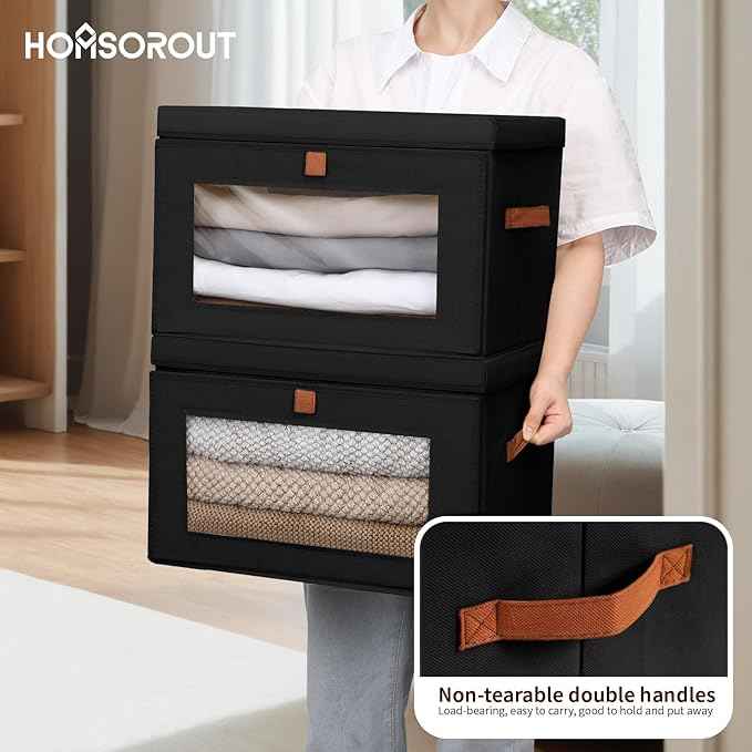 Collapsible Storage Bins - Large Stackable Organizer Bins, Decorative Boxes with Handles & Window, Fabric Containers for Living Room, Closet, Dorm, 4 Pack, Black
