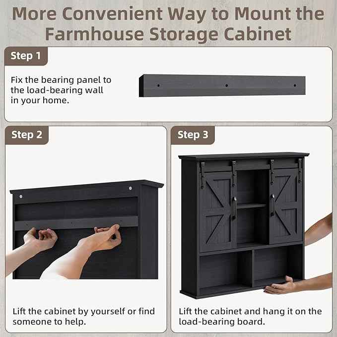 Vabches Bathroom Wall Cabinet, Farmhouse Medicine Cabinet with Double Sliding Barn Door and Adjustable Shelves, Wooden Vintage Storage Cabinet Wall Mounted for Bathroom, Kitchen Dining, Black