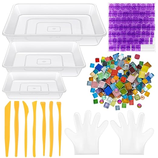 7Pcs Stepping Stone Kit Square Concrete Mold 3 Size DIY Craft Handmade Stepping Stone Garden Markers Kit Include Mosaic Tiles Carving Tools Gloves and Letter Mold