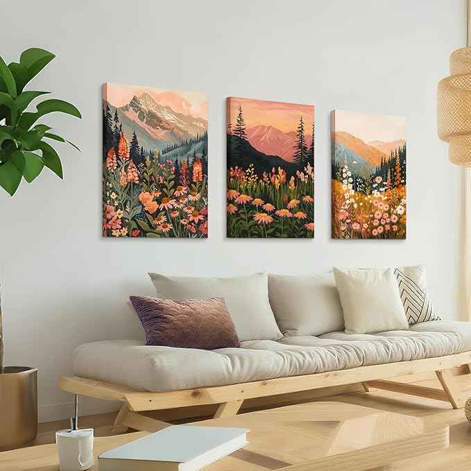 Cyebmo Framed Mountain Wildflower Wall Art Set of 3, Sunset Mountain Nature Wall Decor, Colorful Floral Landscape Canvas Prints, Rustic Botanical Artwork for Bedroom Living Room Office 16x24 Inch