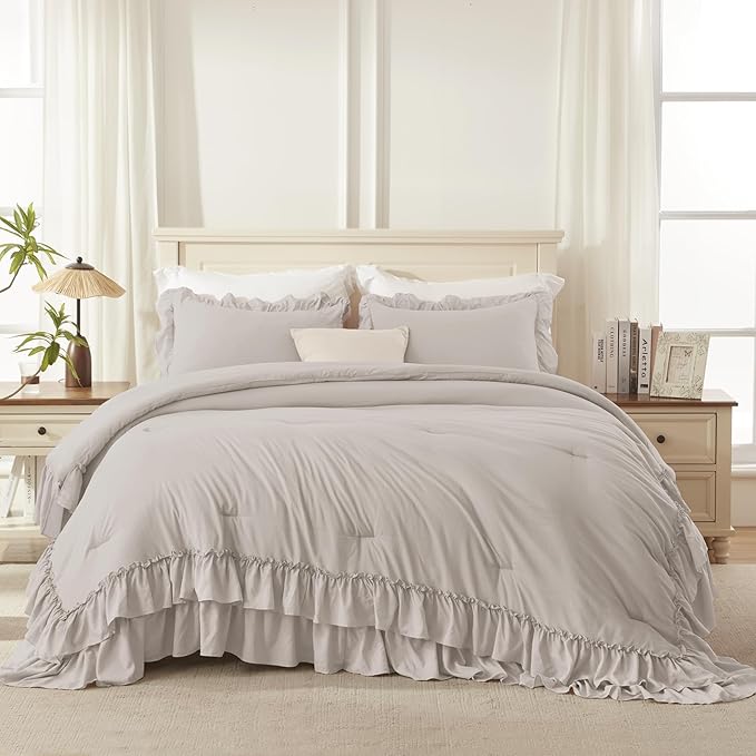 Andency Linen Twin Size Comforter Set, 2 Pieces Lightweight Fluffy Ruffle Bedding Set for Dorm, All Season Soft Farmhouse Shabby Chic Bed Set for Kids, College Dorm (66x90In)