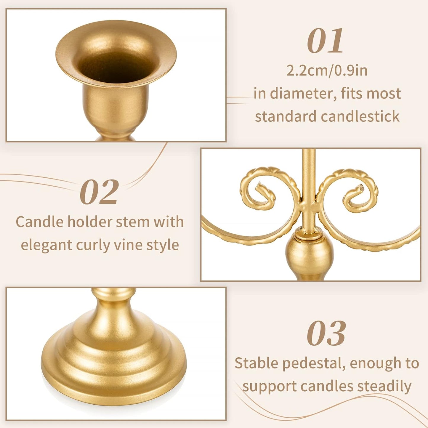 Sziqiqi Gold Taper Candle Holder for Centerpiece - 3-Candle Candlesticks Holder for Wedding Table Centerpieces Metal Candle Stick Holders Fireplace Mantle Decor