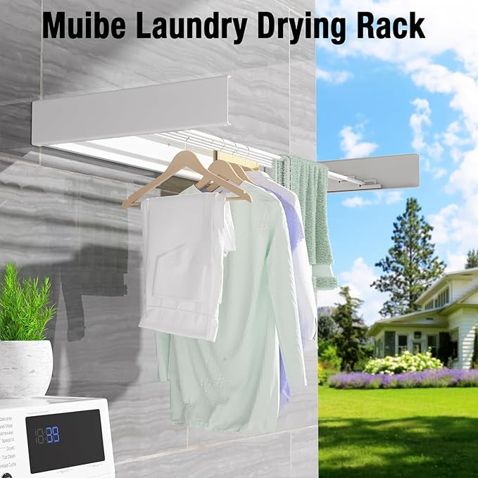 Laundry Drying Rack Collapsible,Wall Mounted Clothes Drying Rack Foldable,Indoor Drying Rack Clothing- 23.6"" Wide 4 Aluminum Rods 60lb Capacity with Wall Template,Screw,Drill Bit