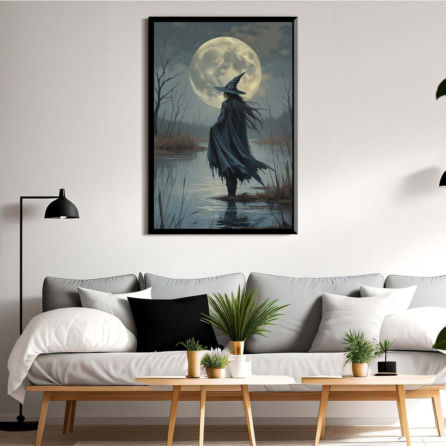 JFHCQJPK Witch in the moonlight magic canvas wall art enchanting Halloween home decor swamp witch silhouette oil painting mysterious gothic aesthetic wall decor print poster12x16in Metal blackFramed