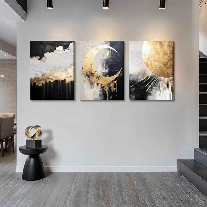 3Pcs Framed Black and Gold Abstract Canvas Wall Art Sun Moon And Cloud Posters Prints Maximalist Pictures Wall Decor For Living Room, Bedroom,bathroom Decoration