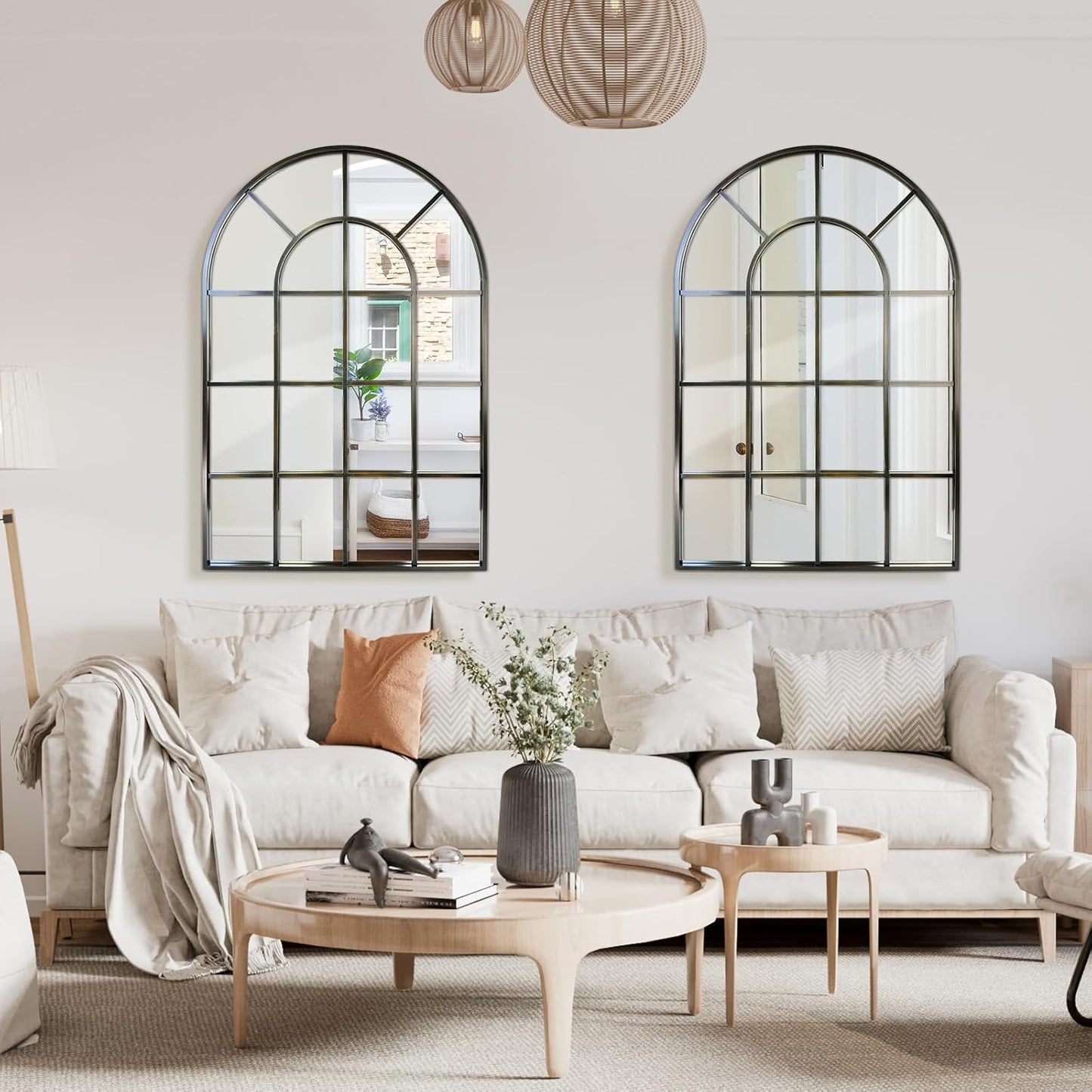 Arched Windowpane Wall Mirror 30"x48" Bronze Wall Mounted Art Pane Mirror Farmhouse Decorative Mirror Leaning Hanging Wall Mirror for Bedroom Living Room Entrance Hallway Wall Decor