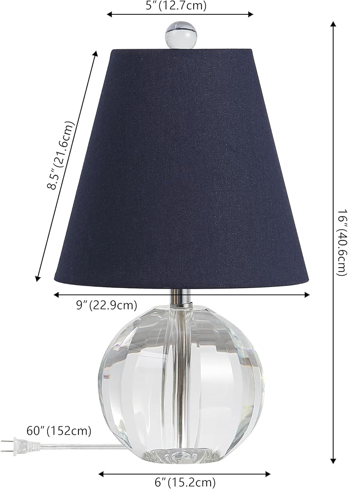 JONATHAN Y JYL2079D 16" Glam Crystal Ball Table Lamp, Modern Bedside Nightstand Lamp for Bedroom Living Room Office, Clear Glass Orb with Navy Linen Shade and Chrome Accents, LED Bulb Included