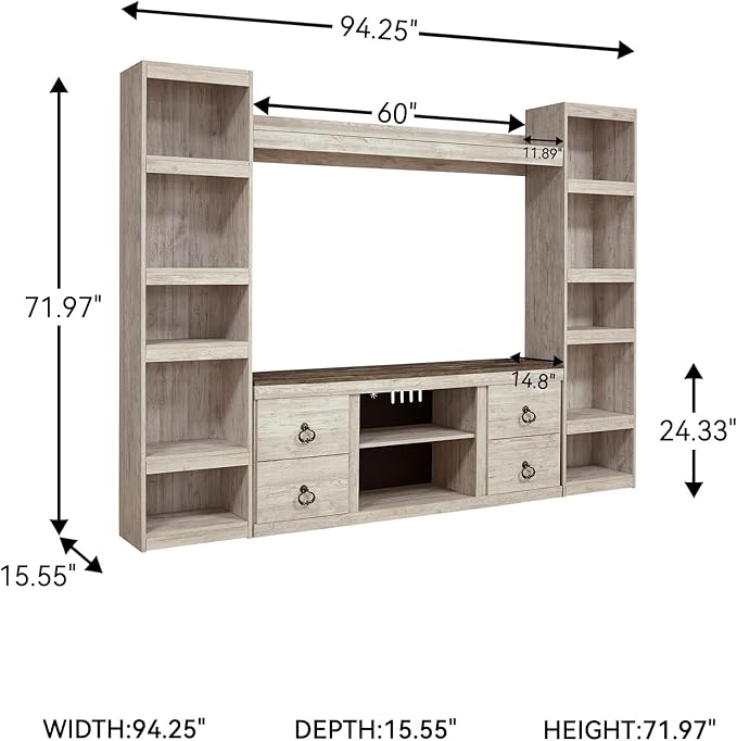 Signature Design by Ashley Willowton Farmhouse 4-Piece Entertainment Center for TVs up to 69" with Adjustable Shelves, Whitewash