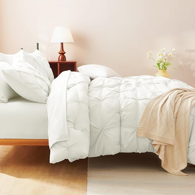 CozyLux Queen Comforter Set Ivory, 7 Pieces Pintuck Bed in A Bag, Premium Ivory Comforter Queen Size, Pinch Pleat Bedding Sets with Comforter, Sheets, Pillowcases & Shams