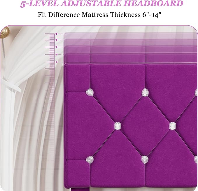 VECELO Twin Size Bed Frame, Upholstered Platform with Adjustable Diamond Tufted Headboard, Wood Slat Support, No Box Spring Needed, Purple