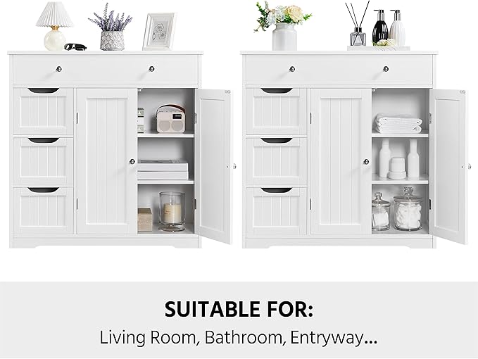 Yaheetech Bathroom Floor Cabinet, Large Storage Space Wooden Organizer with 1 Big Drawer, 3 Small Drawers & 2 Doors, Free-Standing Cupboard for Kitchen/Living Room/Bathroom Use, White