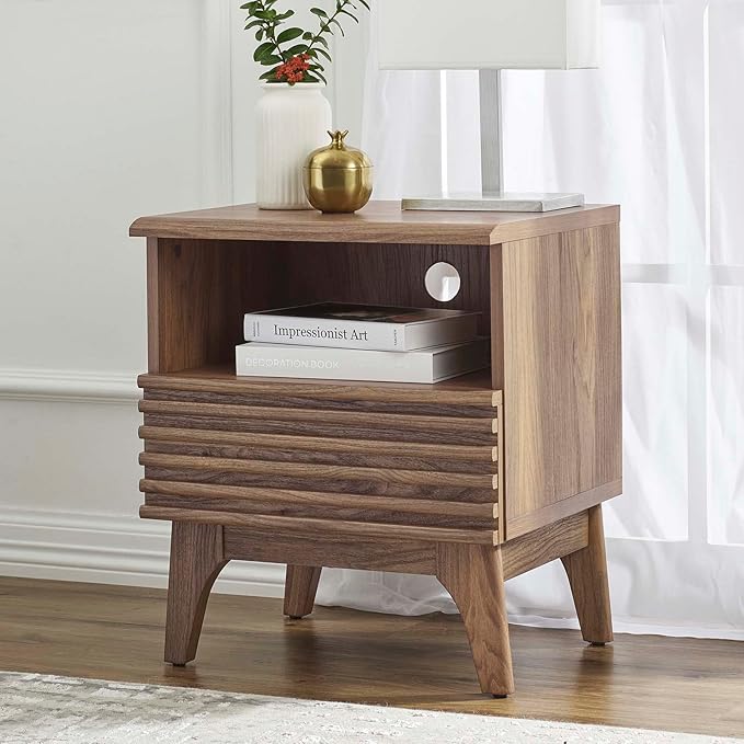 Modway Render Mid-Century Modern, One-Drawer Nightstand, Walnut