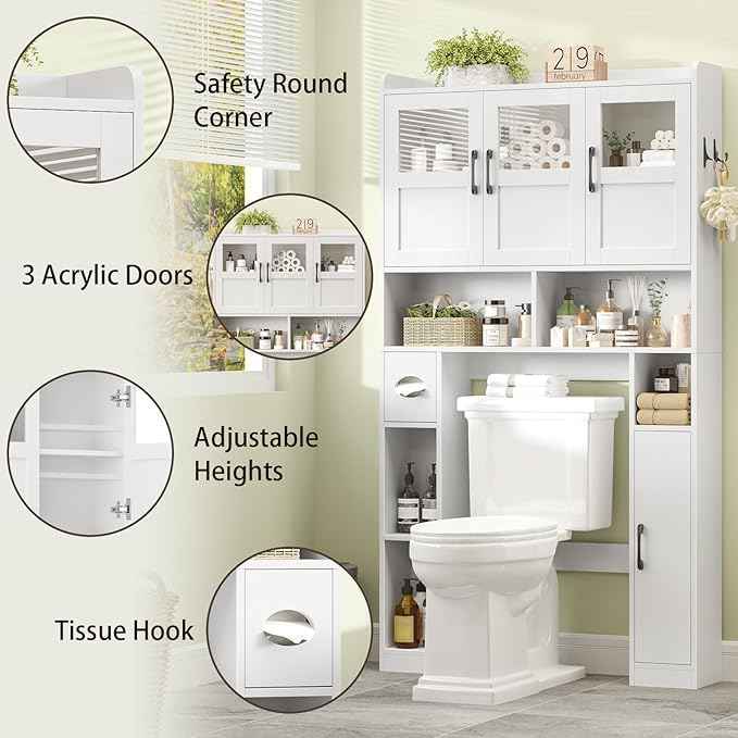 Over The Toilet Cabinet,Farmhouse Toilet Cabinet Rack with 3 Acrylic Doors and Adjustable Storage Shelf,Space Saving Bathroom Organizer with Toilet Paper Holder Stand for Restroom, Laundry，White