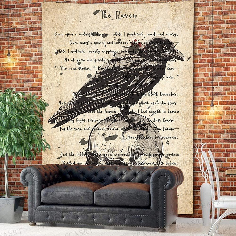 The Raven Tapestry Edgar Allan Poe Poem Tapestry Gothic Skull Dictionary Tapestries Wall Hanging Background 60x80 Inches Living Room Bedroom Home Dorm GTQQAY1544