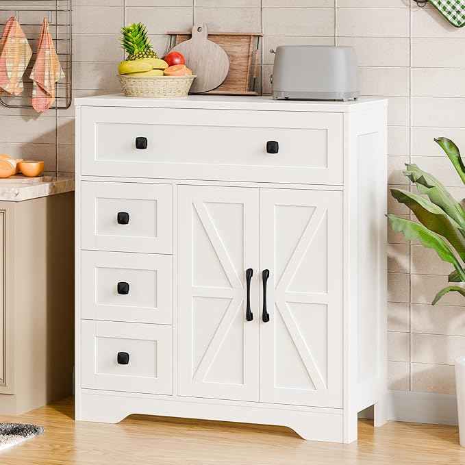 Vabches Farmhouse Storage Cabinet with 2 Doors and 4 Drawers, Freestanding Bathroom Storage Cabinet Kitchen Pantry, Floor Hutch Cupboard for Living Room/Bathroom/Kitchen,(Unique White)