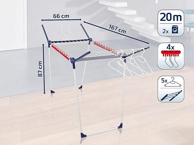 Leifheit Pegasus 200 Solid Standing Clothes Airer with Accessories, Folding Clothes Rack for Outdoor and Indoor, 20 m Clothes Horse with 4 Clips for Drying Small Items and 5 Hangers [Amazon Exclusive]