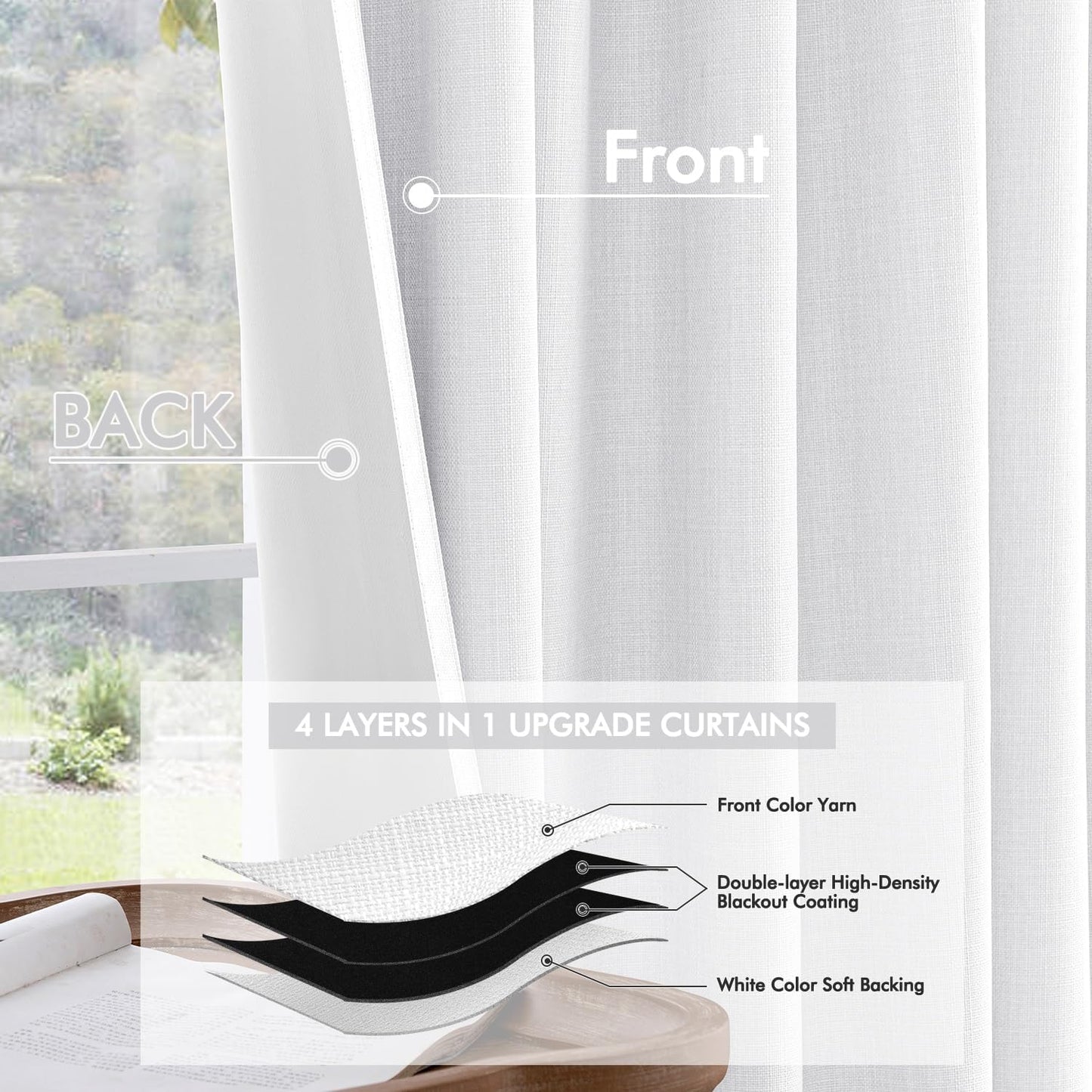 MIULEE 100% Blackout Curtains 102 Inch Long 2 Panels Set for Bedroom, Thick Faux Linen Black Out Curtain Room Darkening Back Tab Pleat Window Textured Drapes with Hooks for Living Room, Bright White