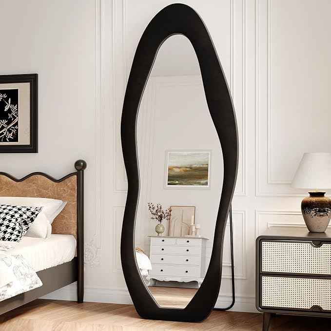 Full Length Mirror, 63"x24" Full Body Mirrors, Flannel Floor Mirrors with Stand, Irregular Wavy Mirror Hanging or Leaning Against Wall for Bedroom Living Room, Black