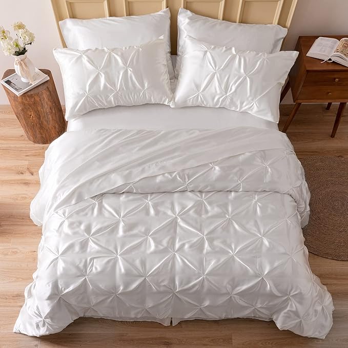 MR&HM Satin Comforter Twin 5 Pieces - Luxurious Pinch Pleat Bedding Set with Comforter, Flat Sheet, Fitted Sheet, Pillowcase & Sham, Super Silky Soft Bed Set for All Season (Twin, Ivory)