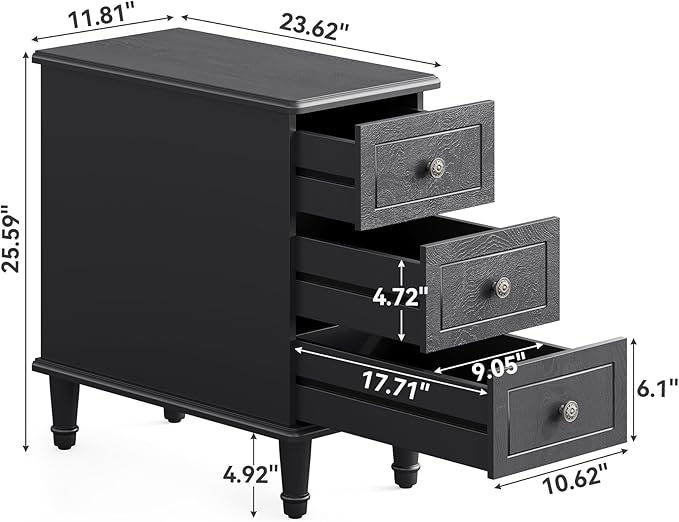 LITTLE TREE Fully Assembled End Table, Narrow Bedside Table with 3 Drawers, Vintage Nightstand for Small Spaces, Living Room, Bedroom, Black