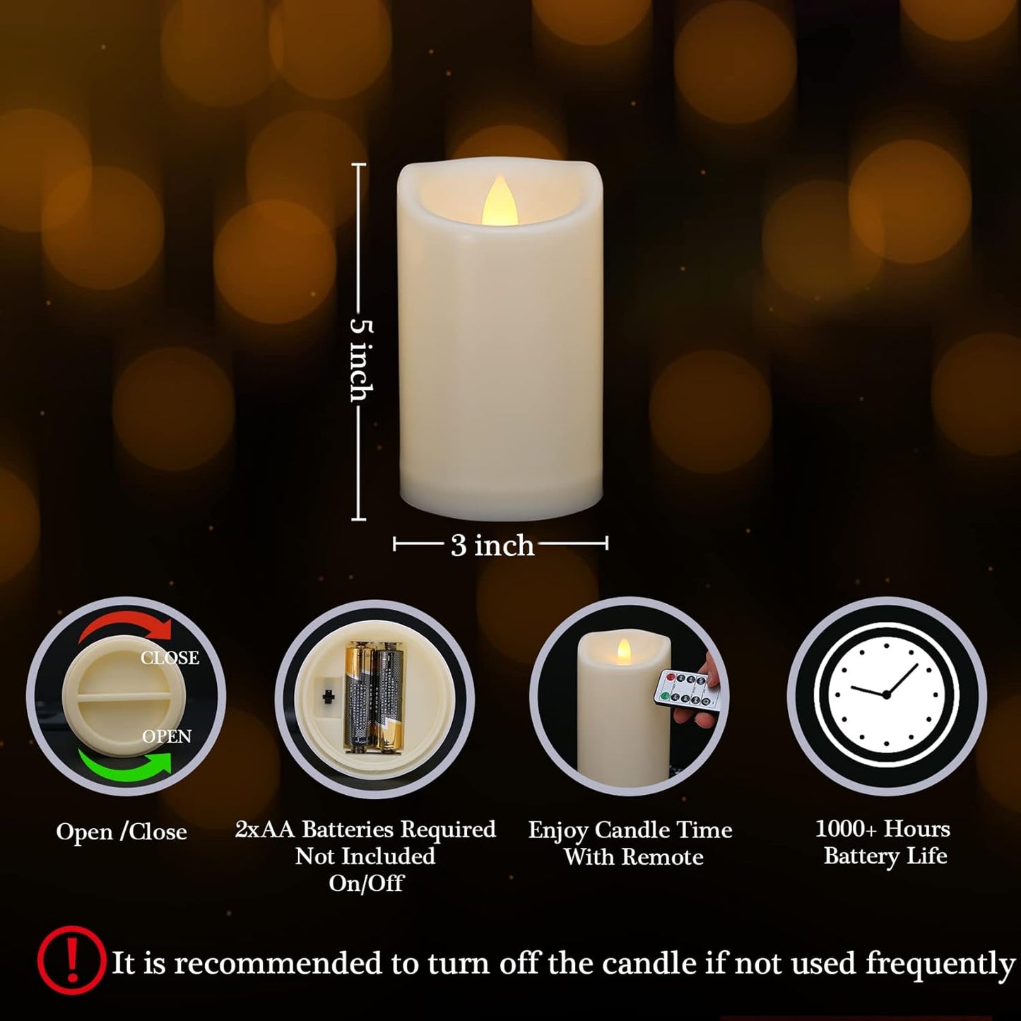 3" x 5" Flameless Candles Outdoor Battery Operated Candles with Remote and Timer, Waterproof Flameless Pillar Flickering LED Candles for Home Wedding Decor, Ivory Plastic, 1 Pack