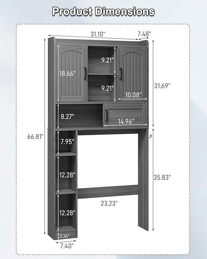 Vabches Farmhouse Over The Toilet Storage Cabinet with 2 Barn Doors & Sliding Door, Over The Toilet Bathroom Organizer with Open Storage Layer and Adjustable Shelves & Hooks.Grey