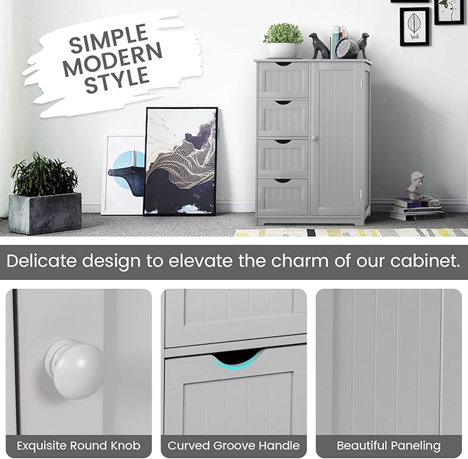 COSTWAY Bathroom Storage Cabinet, Wooden Freestanding Storage Cupboard Organizer with 4 Drawers & Adjustable Shelf, Modern Floor Cabinet for Living Room, Bathroom, Kitchen, Entryway (Grey)