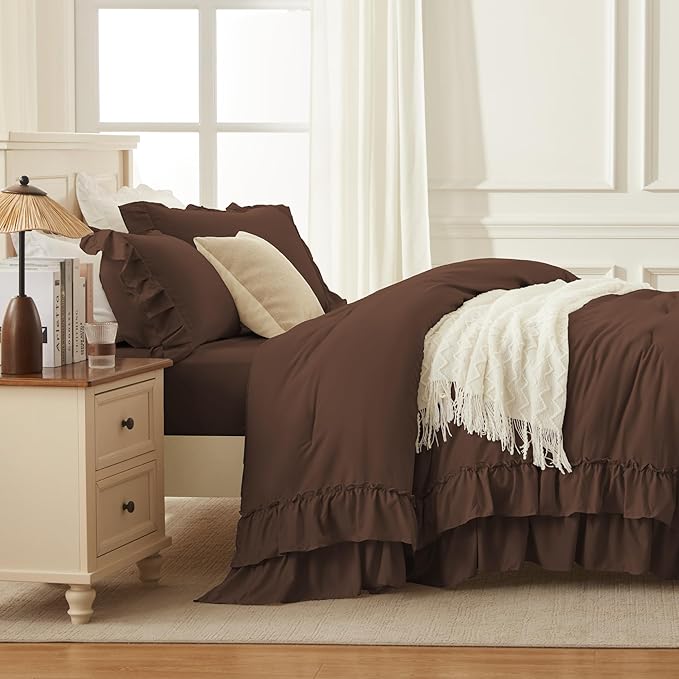 Andency Brown Queen Comforter Set (90x90Inch), 3 Pieces Lightweight Fluffy Ruffle Bedding Comforter Sets for Queen Bed, Farmhouse Shabby Chic Soft All Season Bed Set