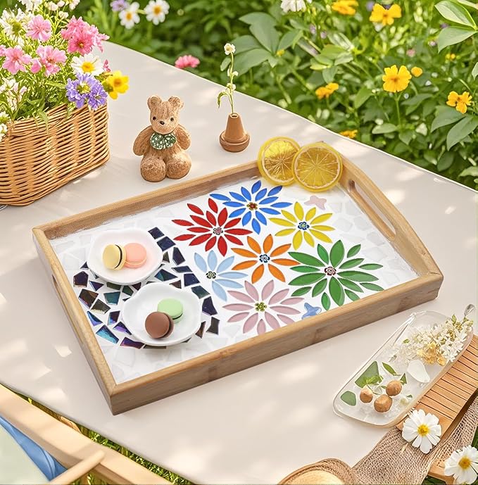 Youway Style Leaf Mosaic Tiles for Crafts Bulk,Blue Petal Mosaic Glass Pieces,200g Flower Glass Tiles for DIY Garden Mosaic Making Supplies