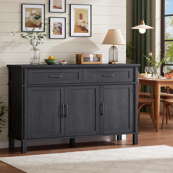 48 Inches Sideboard Buffet Cabinet with Storage, Farmhouse Sideboard Buffet w/2 Drawers and 3 Doors, Kitchen Cabinet with Adjustable Shelf, Wood Kitchen Console Table for Living Room, Hallway, Black