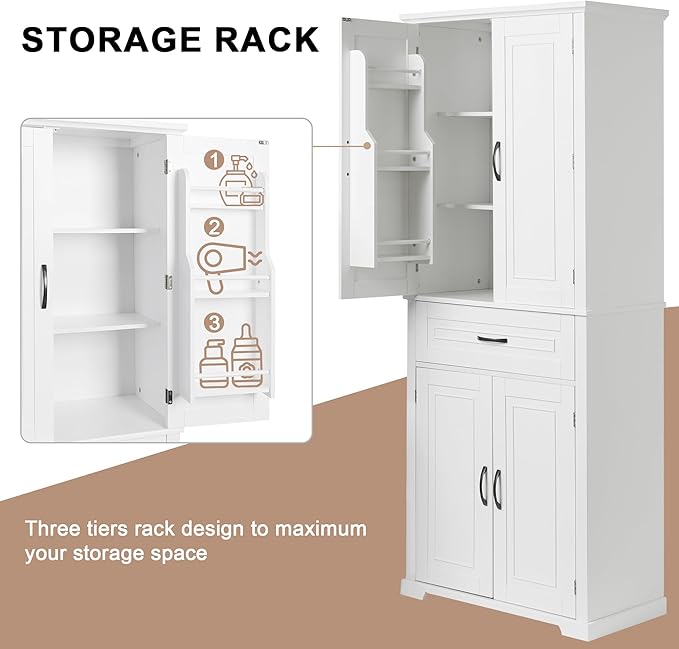 72.2" Storage Cabinet with Doors and Drawers, Tall and Wide Kicthen Pantry Cupboard Home Display Organizer with Door Shelf Rack for Bathroom, Adjustable Shelf, White