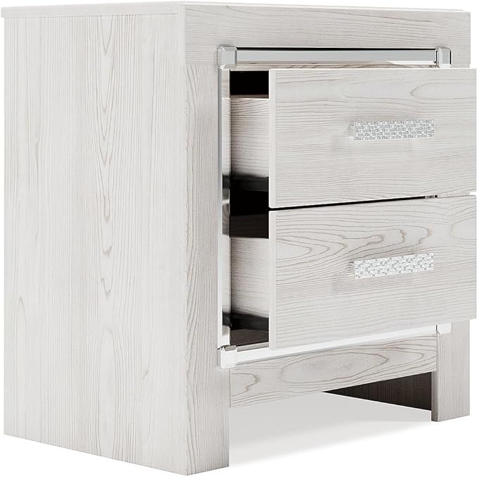 Signature Design by Ashley Altyra Contemporary Nightstand with 2 Storage Drawers, USB and Wireless Charging, Chrome-Tone Handles, Wood, 24.41" High, White