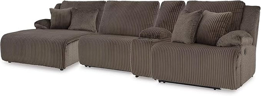 Signature Design by Ashley Top Tier Casual Manual Left-Arm Facing 4-Piece Reclining Sectional with Chaise, Console, Storage, 2 Cup Holders and 4 Accent Pillows, Dark Brown