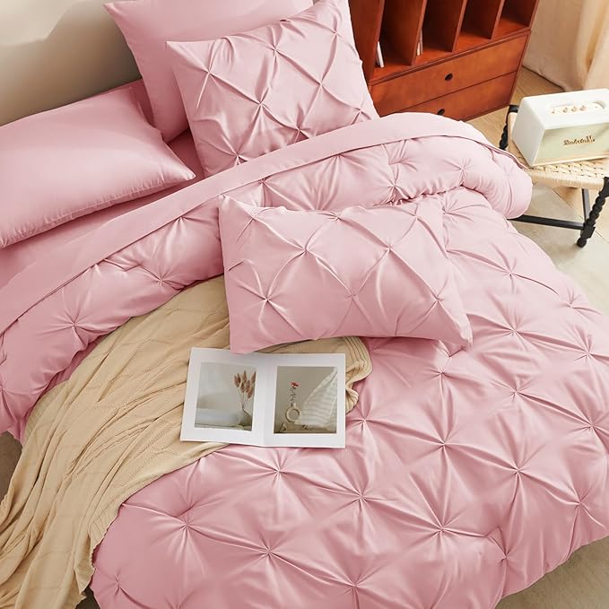 CozyLux Queen Comforter Set Pink, 7 Pieces Pintuck Bed in A Bag, Premium Pink Comforter Queen Size, Pinch Pleat Bedding Sets with Comforter, Sheets, Pillowcases & Shams