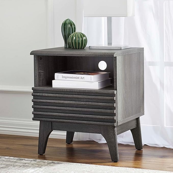 Modway Render Mid-Century Modern, One-Drawer Nightstand, Charcoal